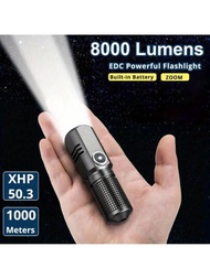 1只p50 Led Usb C可充電迷你手電筒,8000lm強大可變焦手電筒,一鍵關閉,3模式,type C充電線