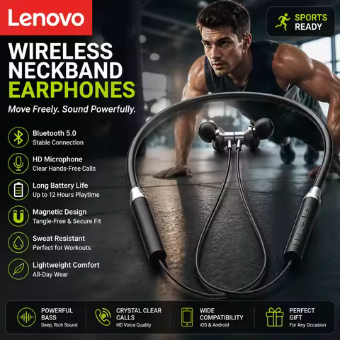 NEW Lenovo HE05X Neck Bluetooth 5.0 Headset Low Delay 8D Stereo Bass Sports Game Bluetooth Headset W