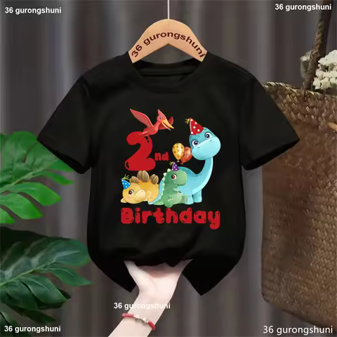 Black Tshirt 2nd/3rd/4th Birthday Dinosaur Balloon Graphic Printed T Shirt Girls/Boys Funny Kawaii K