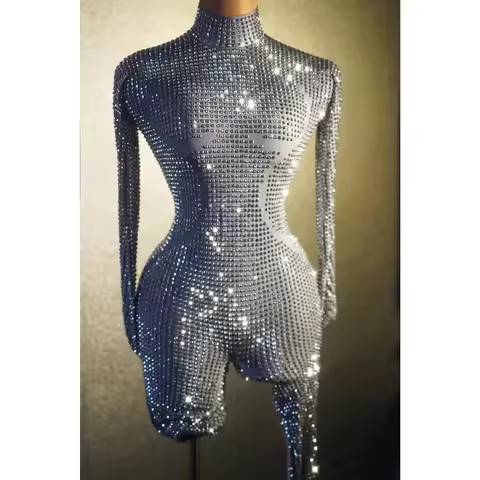 Sparkly Long Sleeve Crystal Rompers Pole Dance Bodycon Bodysuits Stage Performance Wear Women Party 