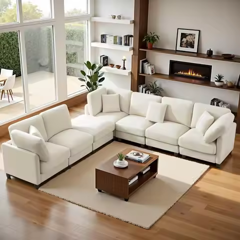 121'' 7-Seater Modular Sectional Upholstered Couches, Chenille Cloud Couch with Movable Ottoman,L/U-