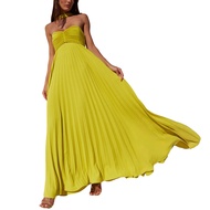 Womens Strapless Tube Top Maxi Dress Off Shoulder Pleated Long Dress with Neck Scarf Summer Flowy Ev