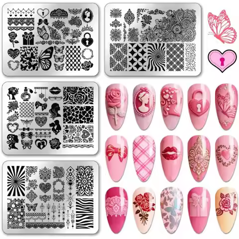 4pcs Flowers Butterfly Nail Stamping Plates Heart Rose Nails Art Templates Bow Lace Nail Art Stencil