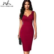 Nice-forever Summer Women Solid Color Sexy Deep V Elegant Dresses Cocktail Wedding Party Vintage Bodycon Sheath Dress B669