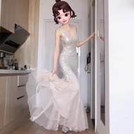 White Sequin Evening Gown Glamorous Elegant Fish Tail Dress