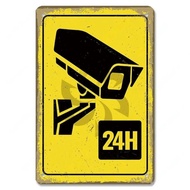 Vintage CCTV Warning Tin Sign - 24 Hour Security Camera Notice Metal Plaque | Wall Decor for Mall, S