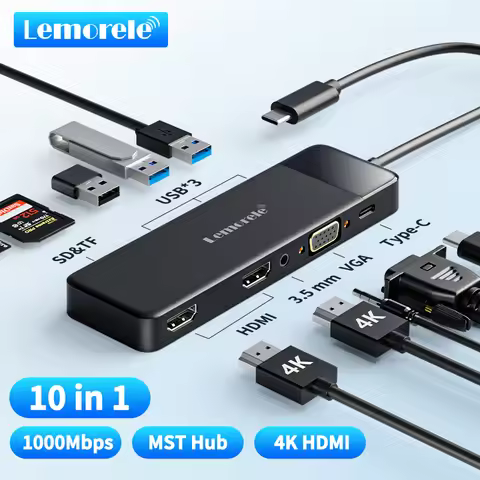 Lemorele USB-C Hub 10Ports Docking Station USB Type C to Dual HDMI 4K 30Hz VGA USB 3.0 Adapter PD100