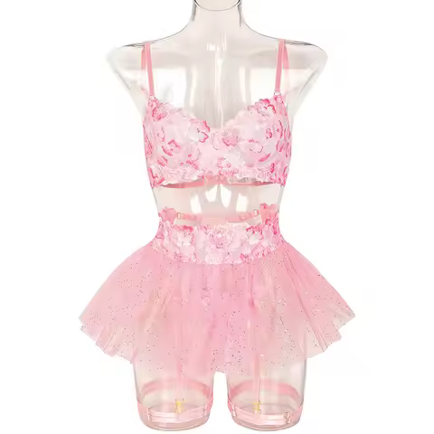 Romantic Pink Underwear Set Embroidered Flowers Perspective Lace Lingerie Intimate Female Bra and Pa