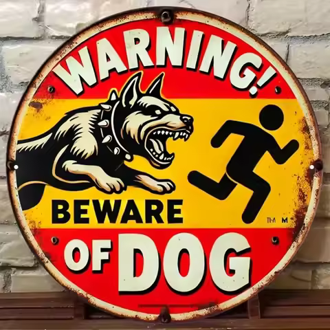 2D Flat Warning Beware of Dog Wooden Sign, Vintage Rustic Retro Wall Art, Angry Guard Dog with Runni