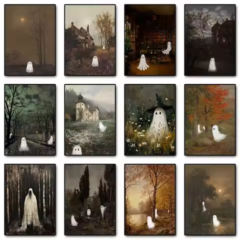 Cute Ghost in Scenery Vintage Spooky Poster Print Canvas Painting Antique Fall Wall Art Picture Farm