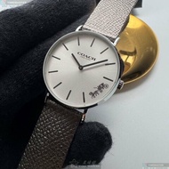 COACH手錶,編號CH00245,36mm銀圓形精鋼錶殼,白色簡約, 中二針顯示錶面,銀色真皮皮革錶帶款