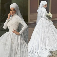 Gaun Wedding Dress Muslim Bridal Ball Gown Lace Long Sleeves Wedding Dress
