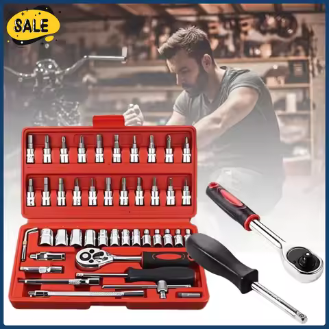 46PCS Wrench Tool Set Auto Repair 1/4-Inch Drive Socket Ratchet Wrench Set Hardware Tools Socket Set