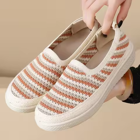Fashion Slip-on Knitted Striped Loafers Plus Size 41 42 Woman Casual Sneaker Female Breathable Braid