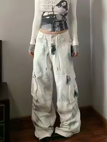 High Waist Women Tie Dyeing Jeans White Baggy Cargo Jeans Pants For Women Clothing Straight Loose La