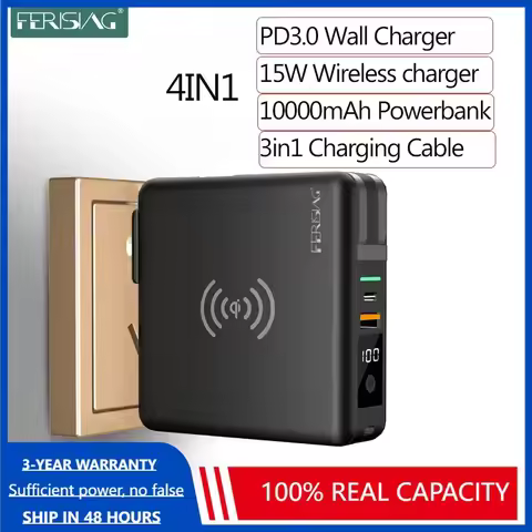 FERISING 10000mAh 15W Wireless Power bank + PD Fast Quick Charge Type-C USB C QC3.0 Powerbank for iP