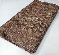 Brown Ajrakh Hippie Queen Handmade Bohemian Bedspread King Size Vegetable Dye Kantha Blanket Bedcove