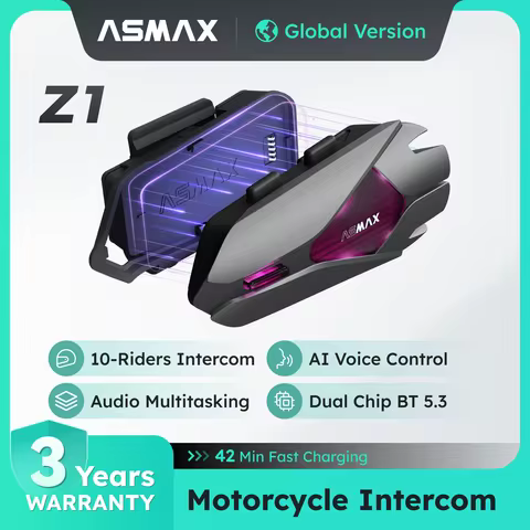 ASMAX Z1 Motorcycle Bluetooth Intercom, IP67 Waterproof Helmet Headset, 2 Chips 8-Core, HIFI Speaker