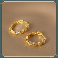 P0IT 0.00 COD original 375 gold-plating Zircon bamboo circle earrings for women gift Women's earring