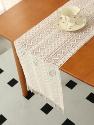鏤空流蘇裝飾桌旗米色幾何刺繡桌飾適用於餐廳