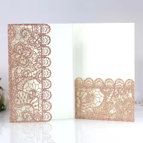 5Pcs European Glitter Paper Wedding Invitation Card Lace Pattern Pocket Greeting Card Birthday Maria