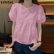 เสื้อสีทึบอเนกประสงค์ VONDA เสื้อสตรีแขนสั้นพัฟลำลองสำหรับผู้หญิง (ลำลองเกาหลี)