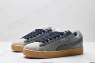 Puma Suede XL ของแท้ย้อนยุครองเท้าบอร์ดฝึกข้อต่ำเยอรมันกันไถลและเสียหายมีลายตารางสีเทาสีต่อกัน
