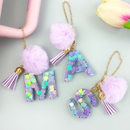 1Pcs Sparkling Heart Sequin Filled 26 Letter Keychains Sweet Pompom Initials Resin Keyrings Water Bo