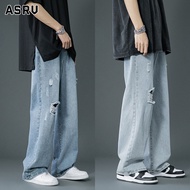 ASRV ใหม่ฉีกกางเกงยีนส์ผู้ชายสีอ่อนบางส่วนหลวมตรงกางเกงขากว้าง Ins แนวโน้มกางเกงยีนส์ชายกางเกงขายาวชายกางเกงวินเทจ