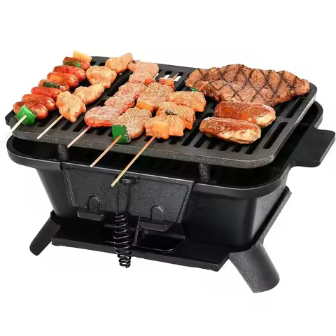 Charcoal Grill Portable Barbecue Smoker Grill, Cast Iron Hibachi Grill with Double-sided Grilling Ne