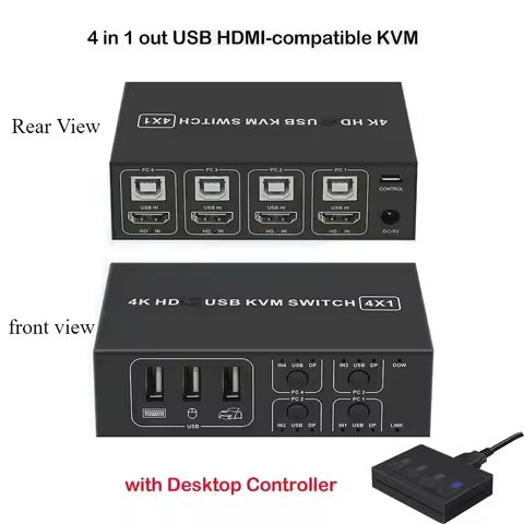 4 Port HDMI-compatible KVM Switch 4 in 1 out 4K 60Hz USB Selector with Desktop Controller for 4 PC S
