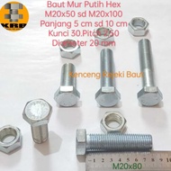 White Hex Bolt Nut M20x50, M20x80, M20x100 / Length 5 cm to 10 cm. Key 30
