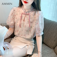 AMMIN 2023ใหม่แขนสั้นจีนแขนสั้นพิมพ์ลายเสื้อชีฟองฤดูร้อนรู้สึกการออกแบบแฟชั่นใหม่แขนพองเสื้อผ้าชีฟอง