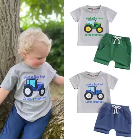 FOCUSNORM 0-4Y Toddler Little Boys Summer Clothes Sets 2pcs Tractor Letter Print Short Sleeve Tops E