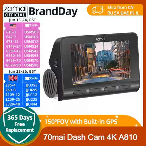 70mai 4K Dash Cam A810 HDR Built-in GPS ADAS 24H Parking 4G Compatible Car DVR 70mai A810
