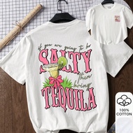 Summer Women's Loose T-Shirt, SALTY TEQUILA Print, 100% Cotton,White Short Sleeve Graphic T-Shirt