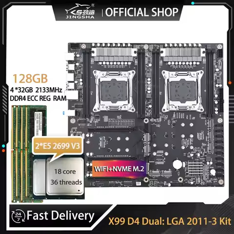 X99 D4 Dual Motherboard Set with 2*E5 2699 V3 and 4*32GB=128GB DDR4 ECC REG 2133mhz RAM Support Inte