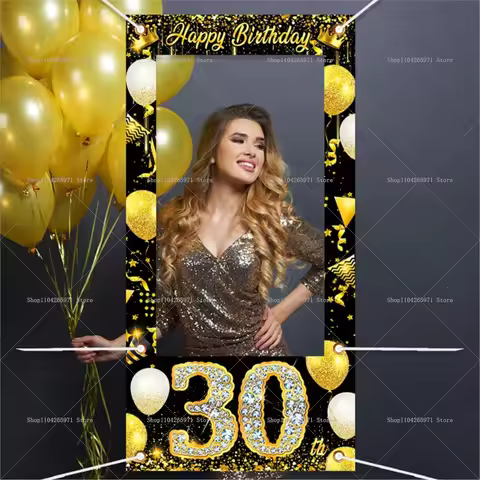 Glitter Gold Crown Happy Birthday Photo Booth Frame Background 18th 30th 40th 50th Exquisite Birthda