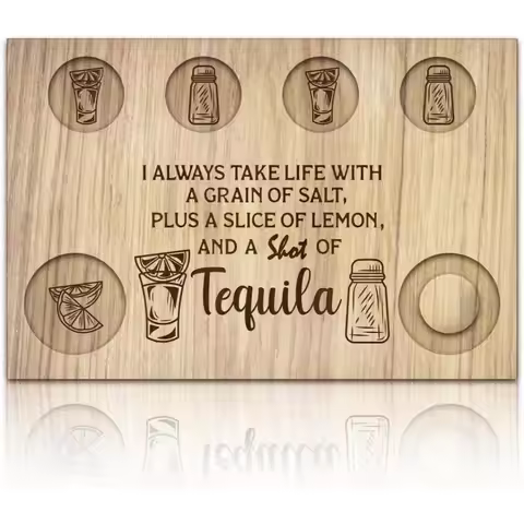 Tequila Shot Glasses Serving Tray, Wooden Flight Tray Glass Holder with Lemon Salt Rim Shot Glasses