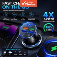 Fast 5-Port Car Charger with USB-C PD & QC 3.0 & Digital Volt Display for iPhone & Samsung Pengecas 