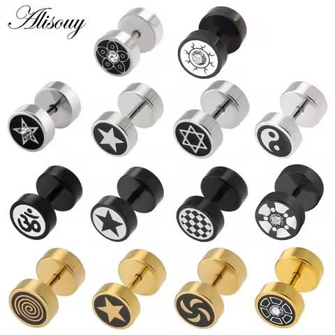 Alisouy 2pcs Gold Color Barbell Stainless Steel Men Earrings Punk Piercing Ear Stud Women Jewelry Be