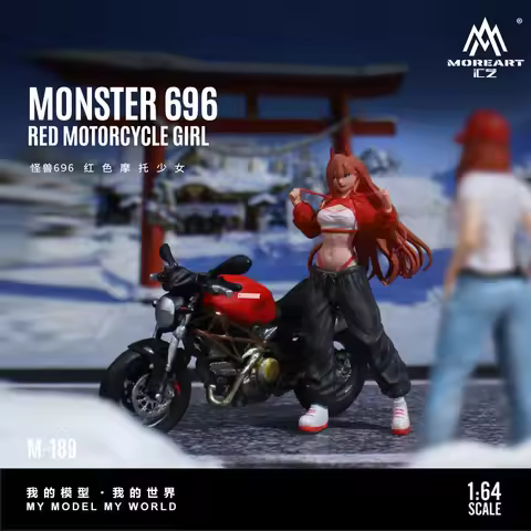 MoreArt 1:64 696 Red Motorcycle Girl Resin Model, Miniature Scene Decoration Gift&Display