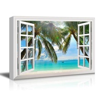Canvas Printing Wall Art Wallpictures Paintings Window Frame Style Wall Decor Palm Trees and Tropica
