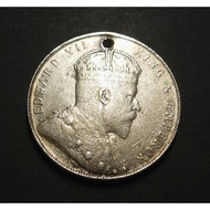 Straits Settlements Old Silver Coin - King Edwards VII 1 Dollar Year 1908 ( Holed)