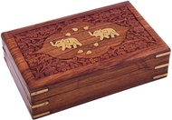 GURU JEE™ Indian Jewelry Holder Elephant Carving Wooden Jewellery Box With Brass Inlay Wooden Trinke