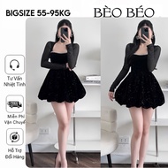 [ BIGSIZE FAT BEAUTIFUL ] PUMPKIN VELVET DRESS WITH LONG SLEEVES Mesh WITH STONE BIGSIZE 60-95KG