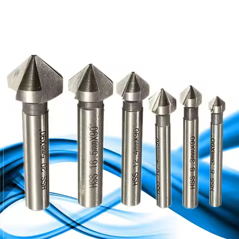 Round shank 6pcs 3 Flute 90 Degree HSS Chamfer Chamfering Cutter End Mill Tool Countersink Drill Bit