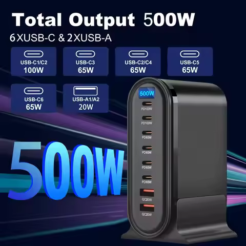 500W 8-Port Desktop Charger Station PD 100W and QC 20W Fast Charging Hub for Cellphones, for iphone,