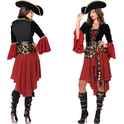 Ataullah Female Caribbean Pirates Captain Costume Halloween Role Playing Cosplay Suit Medoeval Gothi