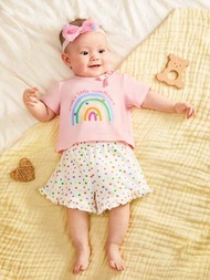 SHEIN 新生嬰兒女嬰彩虹字母印花短袖上衣和圓點短褲 2 件套服裝